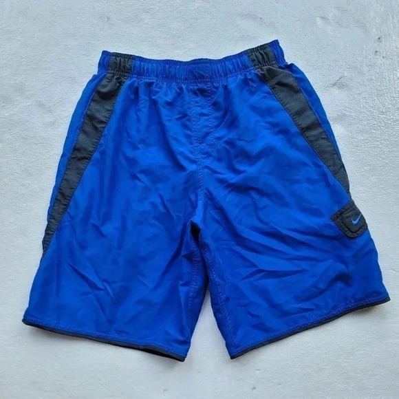 Nike Men's Swim Trunks Blue Black White Elastic Waist Drawstring Pockets Sz S - Picture 1 of 9